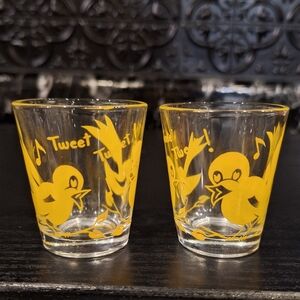 MCM Hazel Atlas Tweet Tweet Yellow Bird Shot Glasses, Mid Century Barware